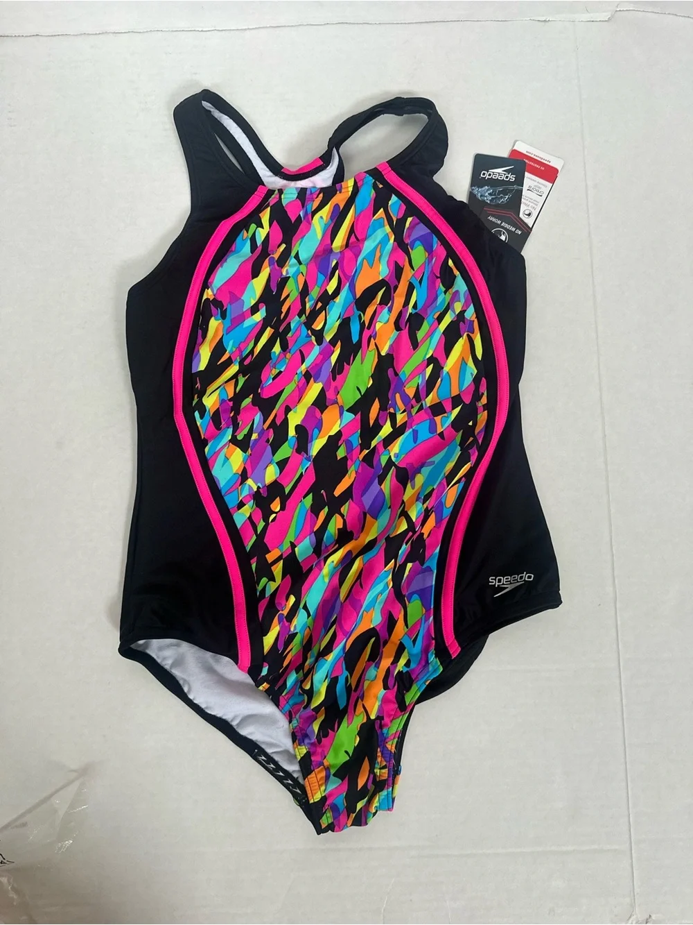 Speedo Black One-Piece with Bright Multi-Color Abstract Front